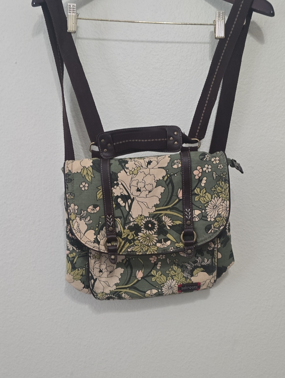 Sakroots Green Floral Canvas Crossbody with Brown Trim